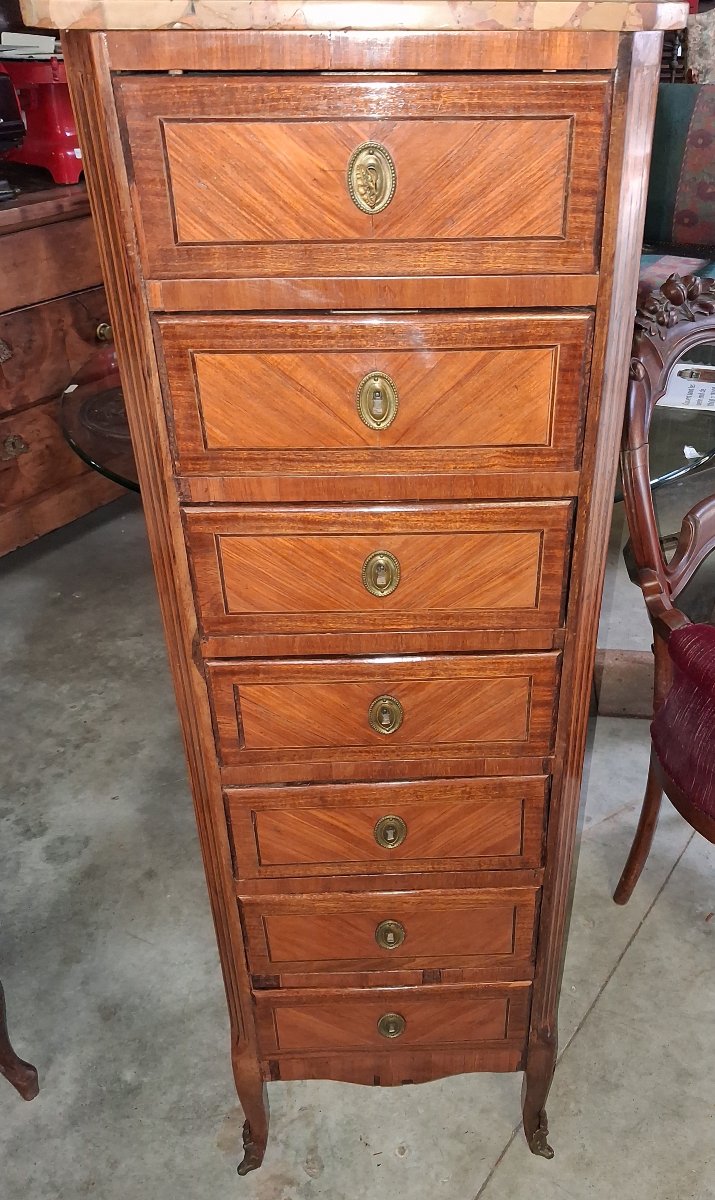 Louis XV-style Chest Of Drawers / Weekly Organizer – Marquetry – Marble Top -photo-4