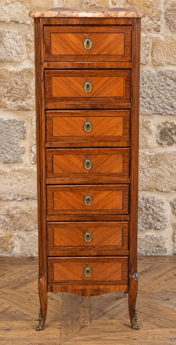 Louis XV-style Chest Of Drawers / Weekly Organizer – Marquetry – Marble Top 