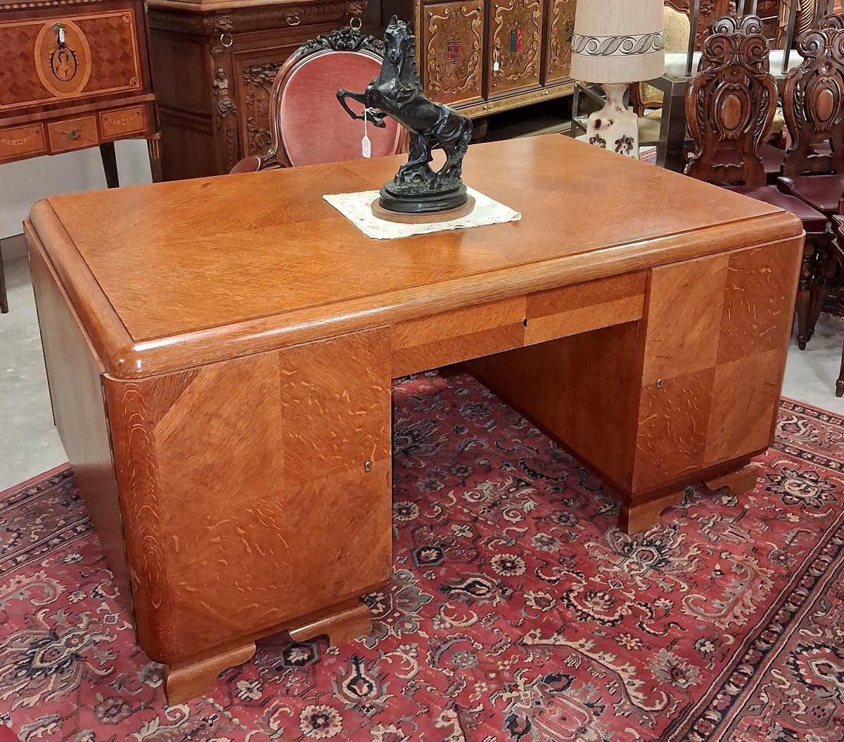 Very Large, Double-sided Art Deco-era Center Desk In Mottled Oak – Circa 1930-photo-2