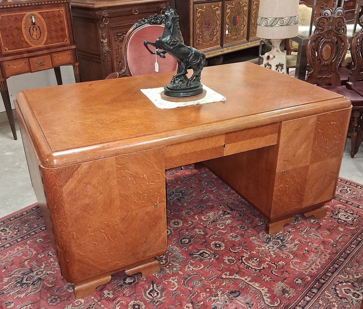 Very Large, Double-sided Art Deco-era Center Desk In Mottled Oak – Circa 1930-photo-3