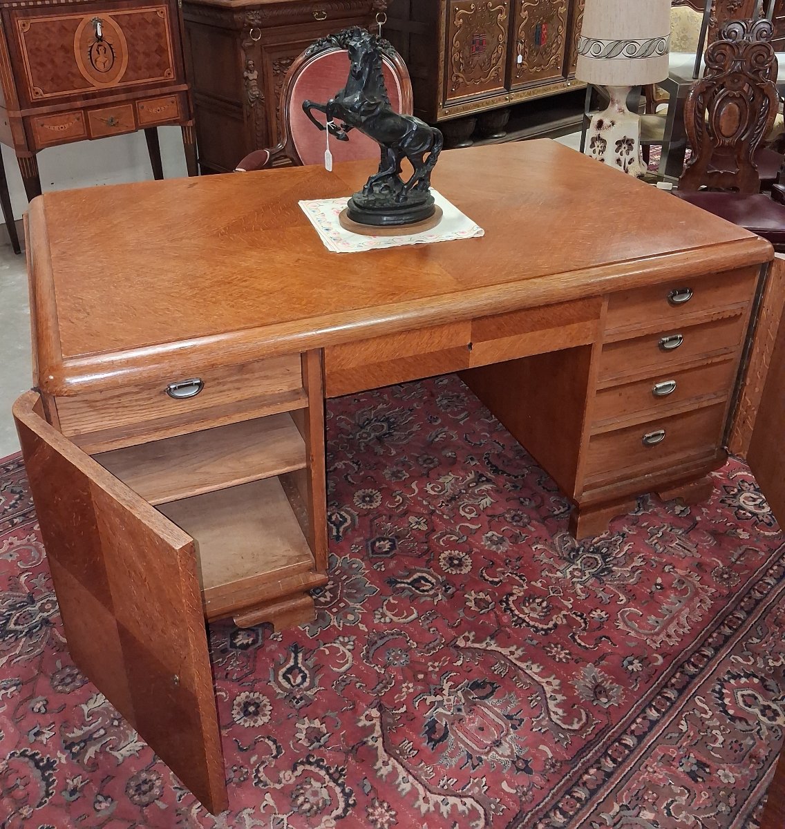 Very Large, Double-sided Art Deco-era Center Desk In Mottled Oak – Circa 1930-photo-4