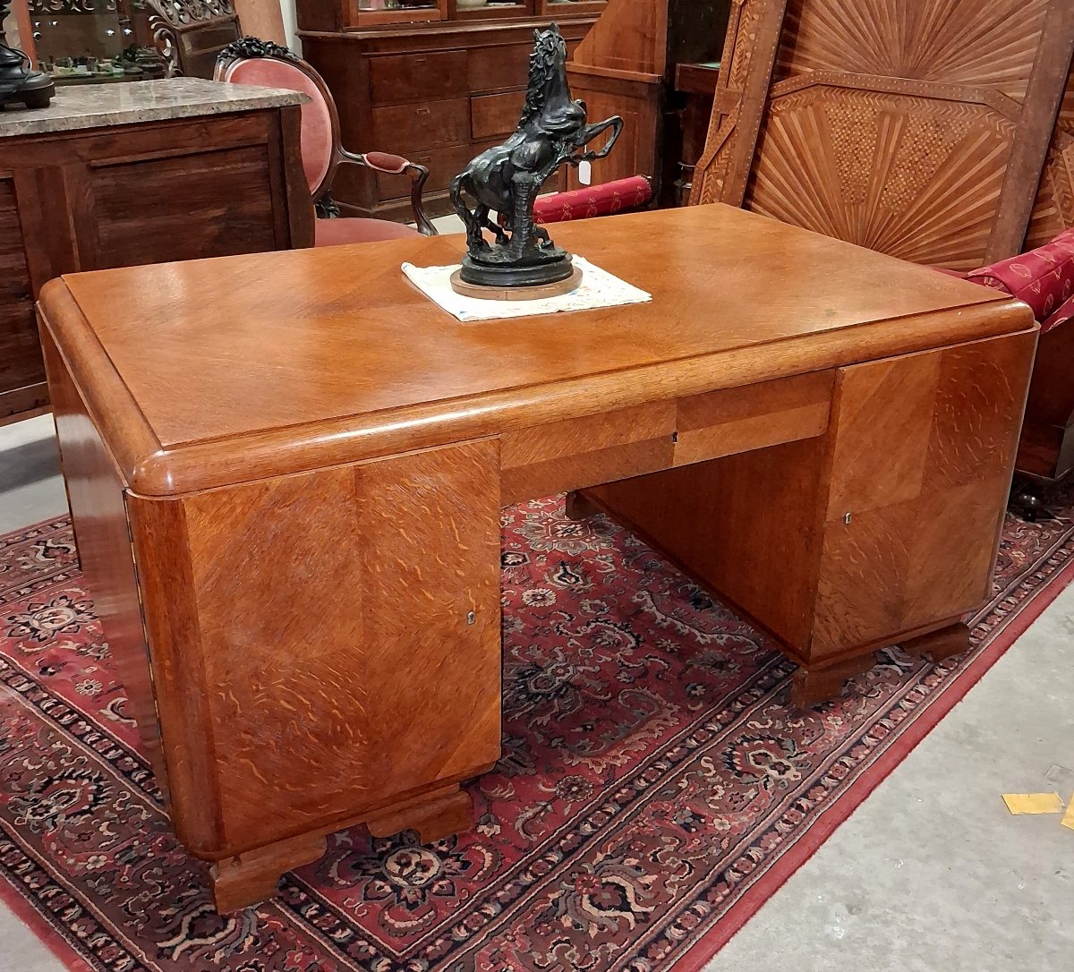 Very Large, Double-sided Art Deco-era Center Desk In Mottled Oak – Circa 1930-photo-2