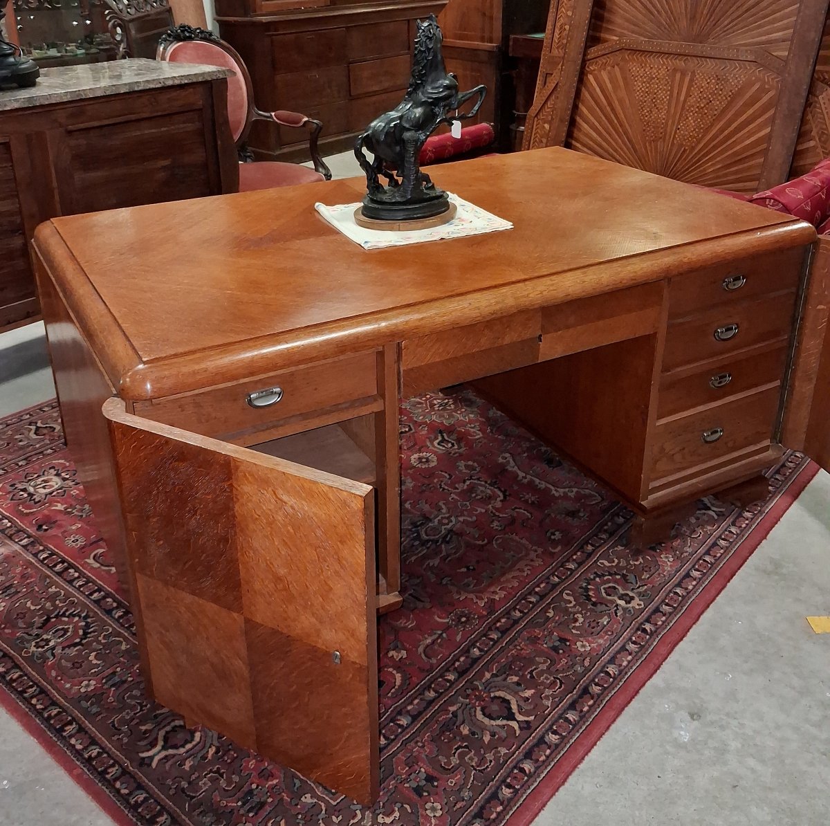 Very Large, Double-sided Art Deco-era Center Desk In Mottled Oak – Circa 1930-photo-5