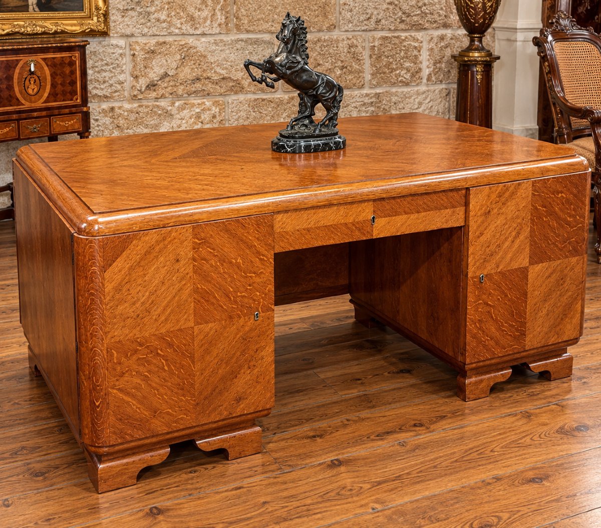 Very Large, Double-sided Art Deco-era Center Desk In Mottled Oak – Circa 1930