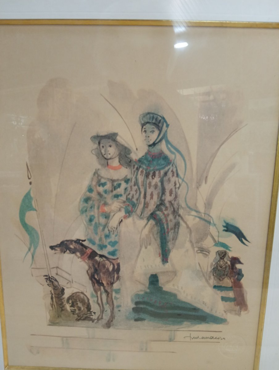 Lucien Fontanarosa (1912-1975) – Scène médiévale aux élégantes et lévrier – Lithographie signée-photo-2