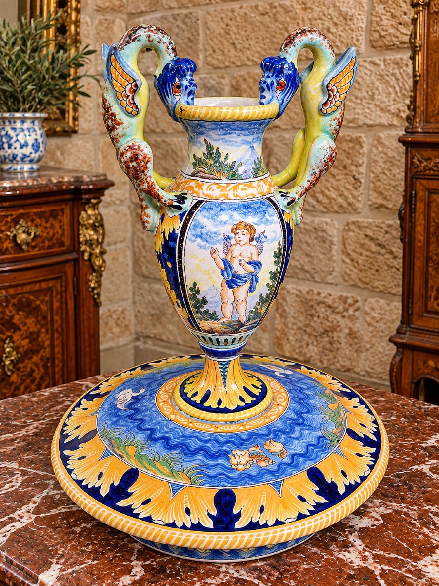 Importante aiguière et son dormant en faïence polychrome –Nevers Émile Georges –Décor de putti 