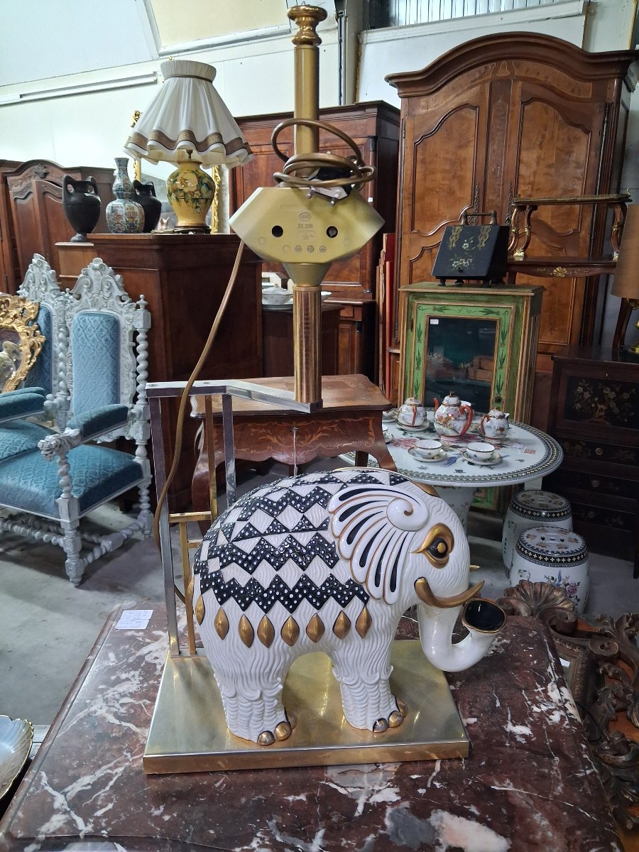 Porcelain And Gilded Brass Elephant Lamp – Attributed To Giulia Mangani – Italy, Circa 1970-photo-2