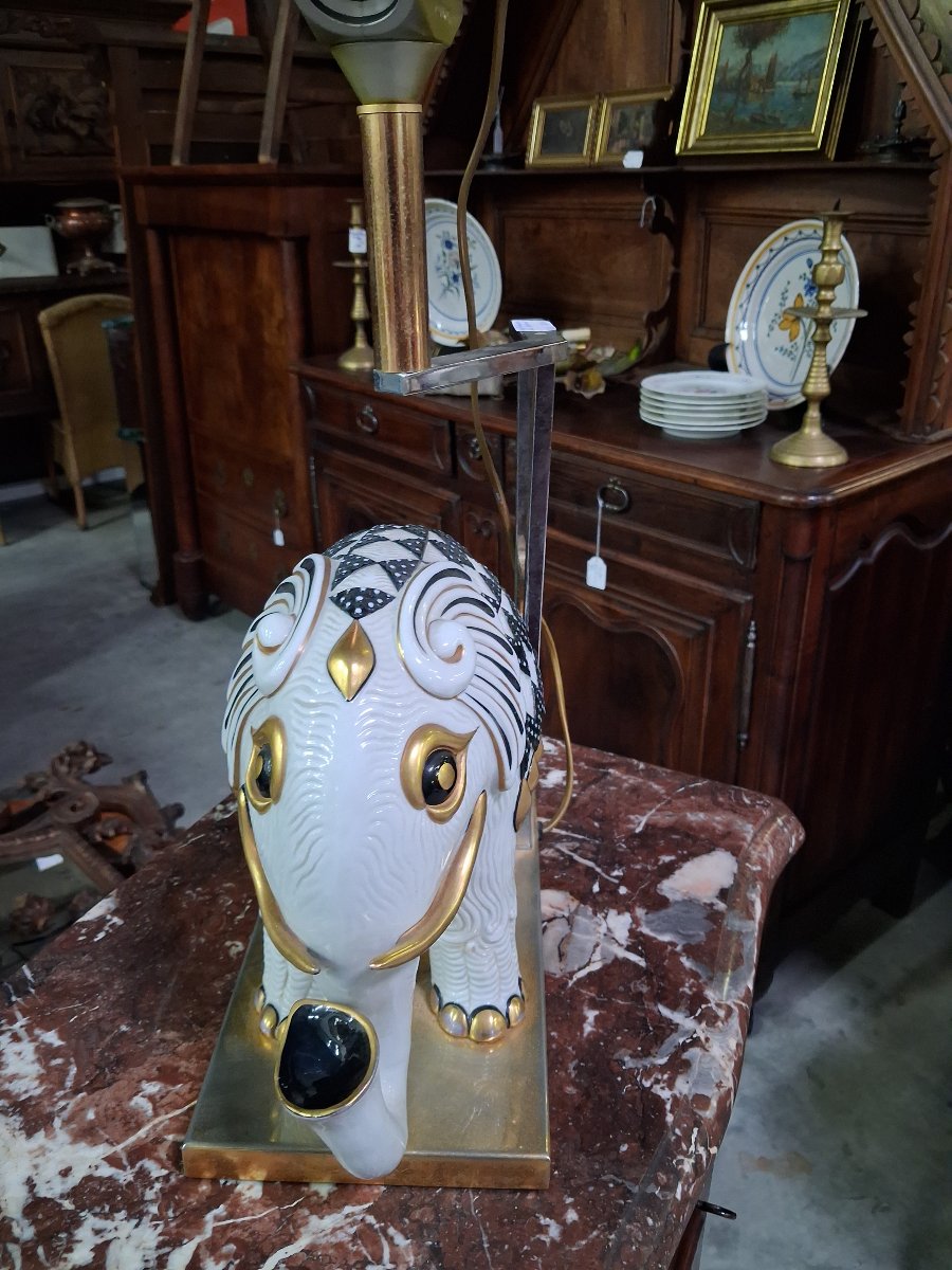 Porcelain And Gilded Brass Elephant Lamp – Attributed To Giulia Mangani – Italy, Circa 1970-photo-1