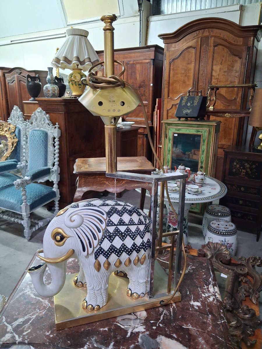 Porcelain And Gilded Brass Elephant Lamp – Attributed To Giulia Mangani – Italy, Circa 1970-photo-3