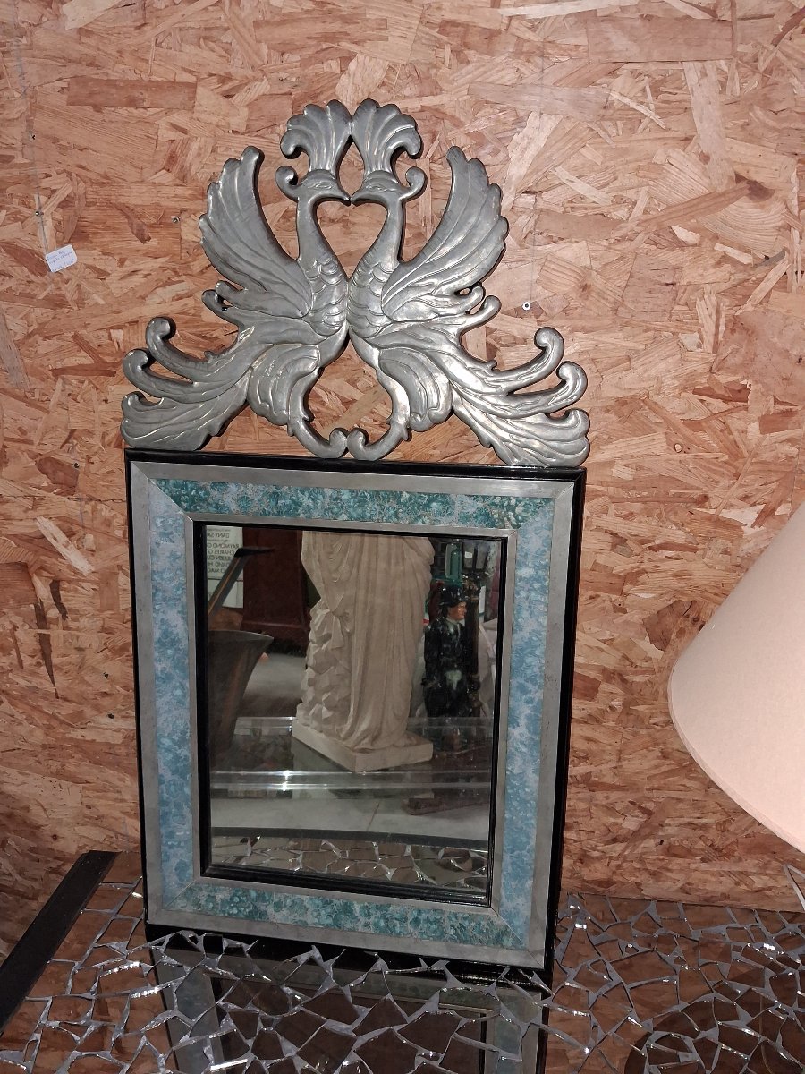 Decorative Mirror Featuring Facing Birds – Silver-toned Wood And Lacquer – Art Deco Style – 20th Century -photo-2