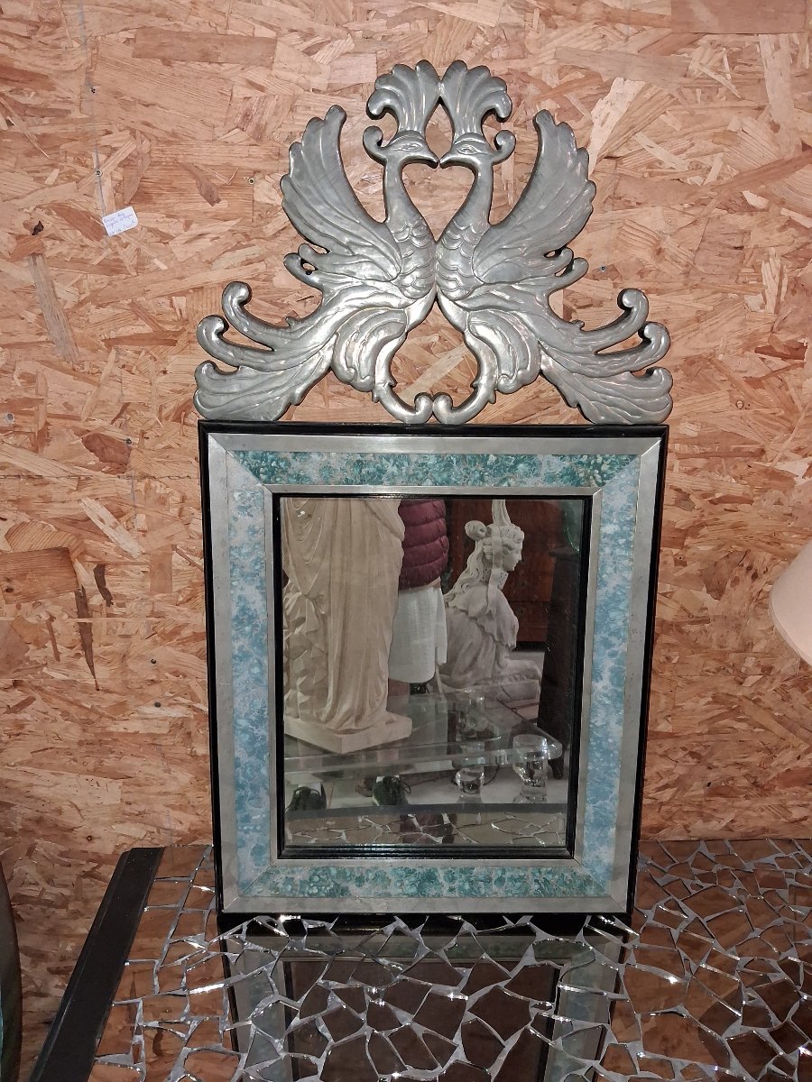 Decorative Mirror Featuring Facing Birds – Silver-toned Wood And Lacquer – Art Deco Style – 20th Century -photo-3