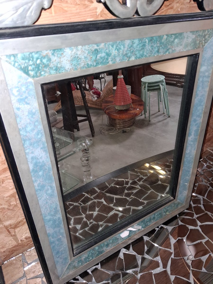 Decorative Mirror Featuring Facing Birds – Silver-toned Wood And Lacquer – Art Deco Style – 20th Century -photo-5