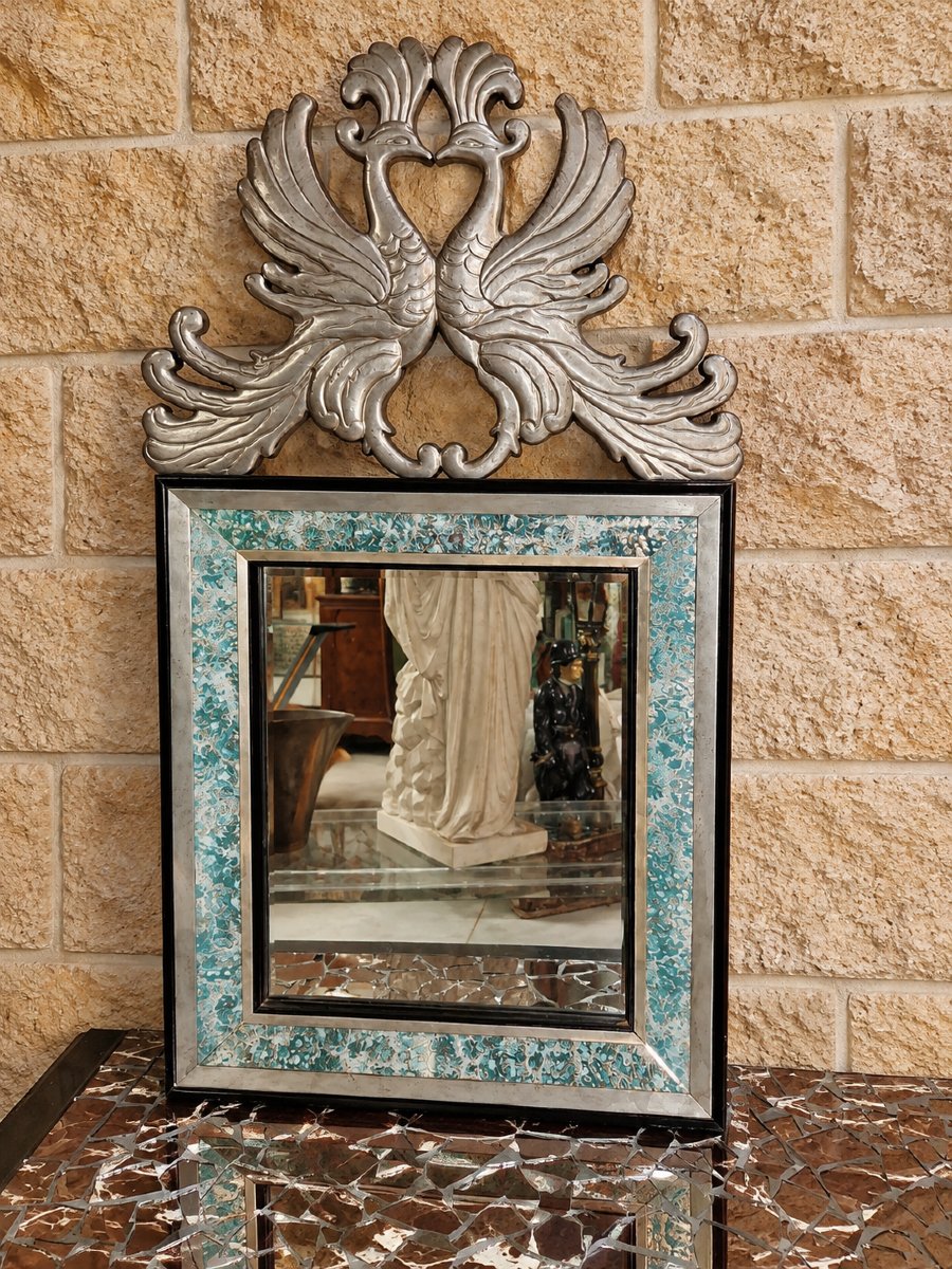 Decorative Mirror Featuring Facing Birds – Silver-toned Wood And Lacquer – Art Deco Style – 20th Century 