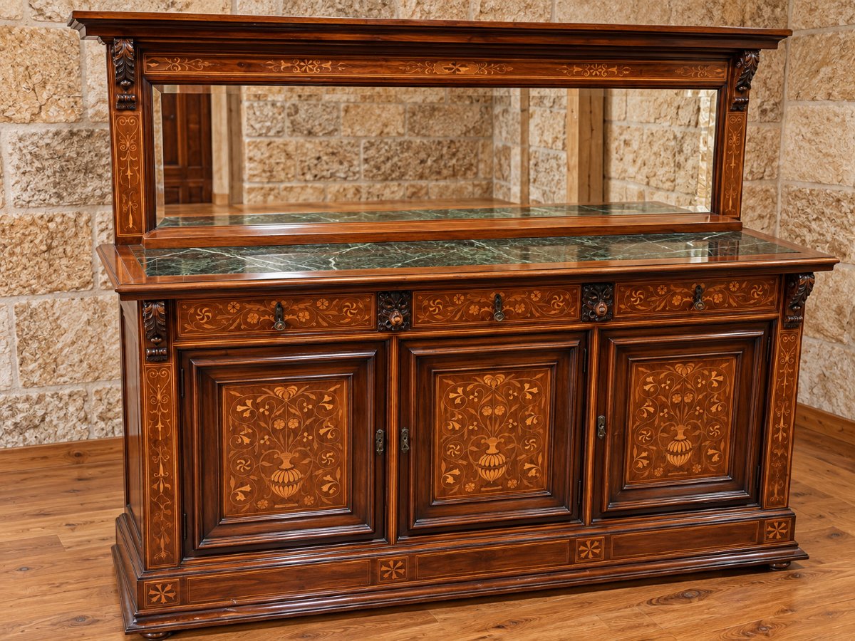 Grand buffet en enfilade à miroir, marqueterie florale et marbre vert de mer – St. Renaissance