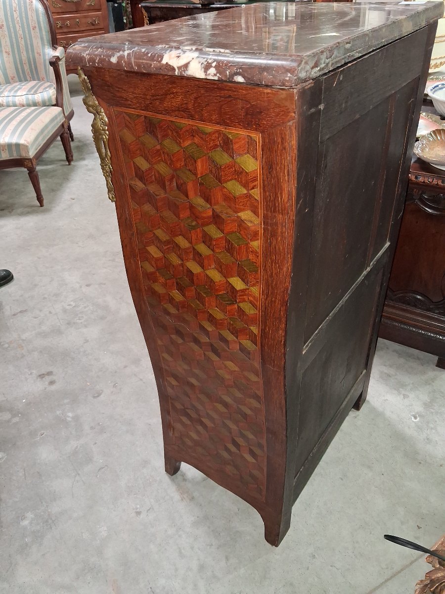 Chiffonnier époque Louis XV – Marqueterie de cubes – Galbé – Dessus marbre -photo-3