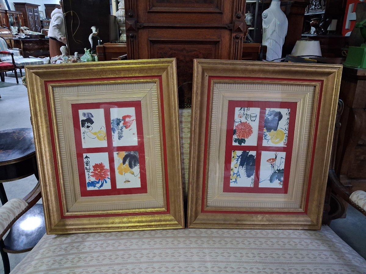 Paire de tableaux – huit compositions encres et aquarelles chinoises sur papier-photo-3