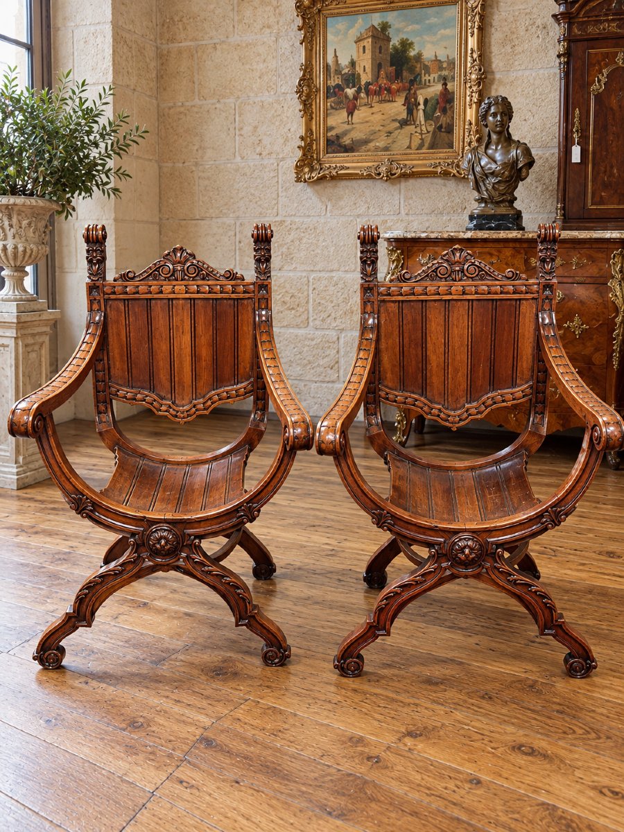 Pair Of Dagobert Armchairs In The Italian Renaissance Style – Carved Walnut – 19th Century -photo-2