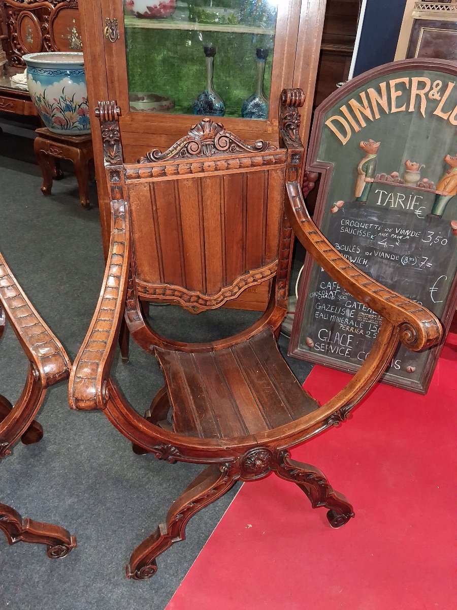 Pair Of Dagobert Armchairs In The Italian Renaissance Style – Carved Walnut – 19th Century -photo-3