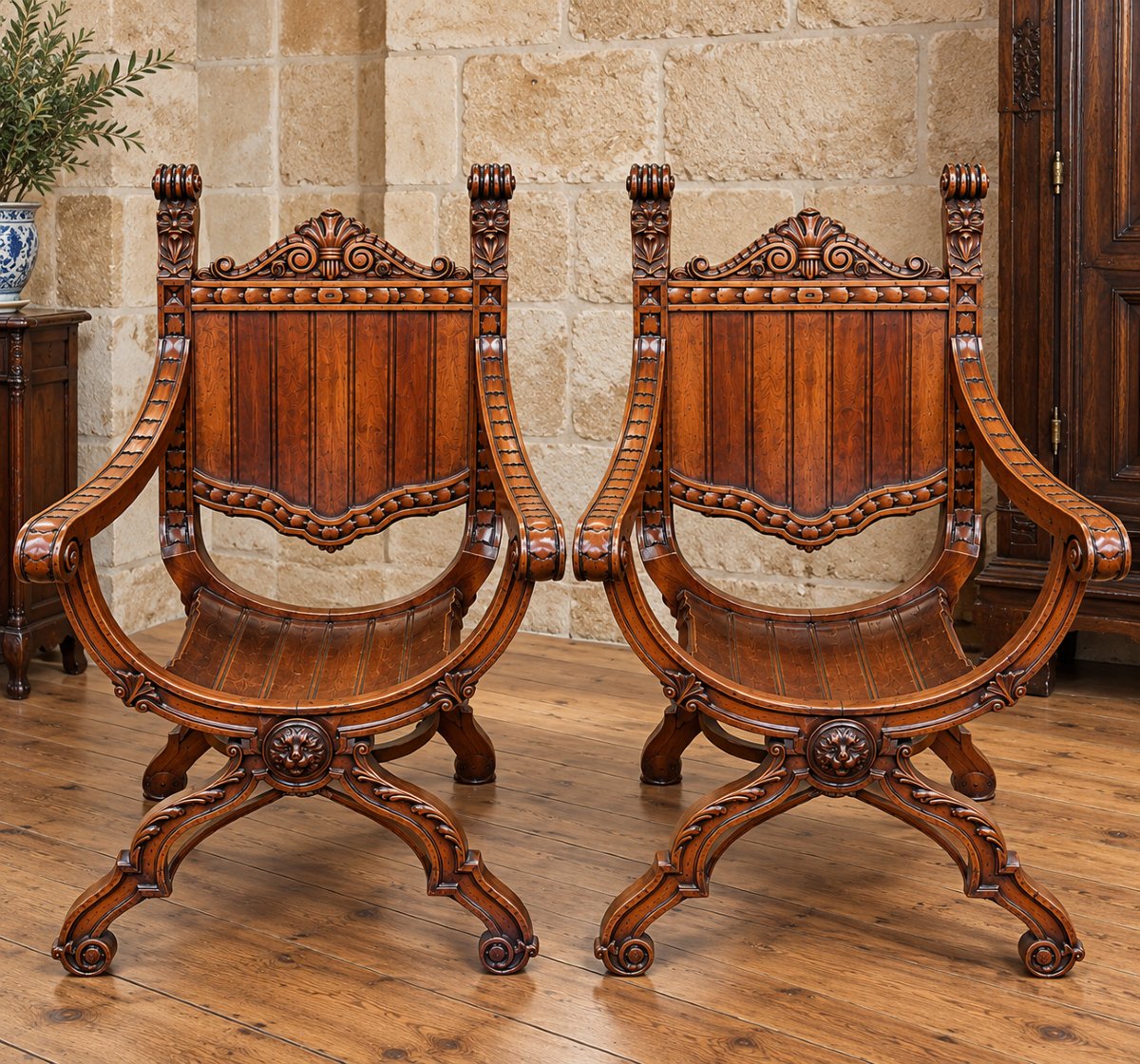 Pair Of Dagobert Armchairs In The Italian Renaissance Style – Carved Walnut – 19th Century 