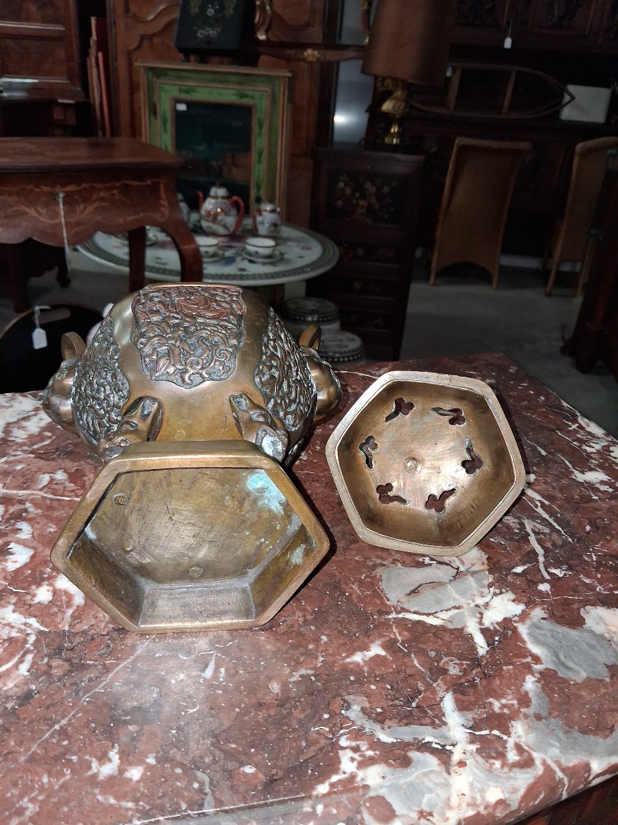 Brûle-parfum chinois en bronze à décor de dragons et chien de Fô – XIXe siècle-photo-2