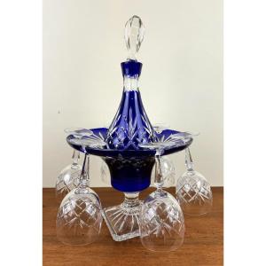 Cristal De Lorraine: Wine Cellar With Its Blue Lined Cut Crystal Carafe And 6 Glasses