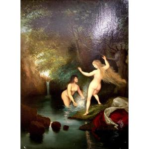 Werace Panzani 20th Century: Large Oil On Canvas Art Deco Style The Naiads At The River