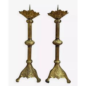 Large Pair Of Gothic Style Candlesticks In Bronze 19th Century / H80cm