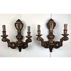 Pair Of Louis XVI Style Wall Lights In Golden Wood