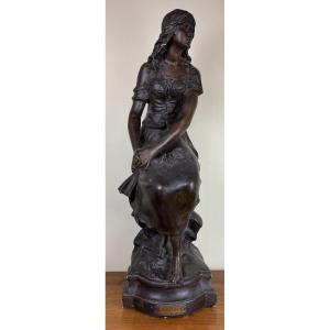 Graziela By Moreau: Very Large Bronze-style Patinated Plaster Statue, 19th Century (89cm)