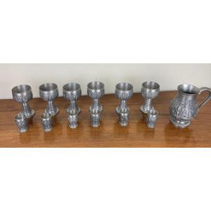 Series Of Vintage Medieval Style Pewter Chalices, Glasses And Jug