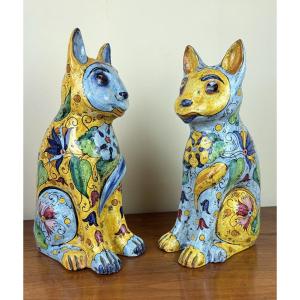 Pottery From The South Of France: Important Pair Of Glazed Terracotta Cats 
