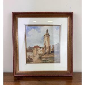 Watercolor View Of A Village Bell Tower Dated 1899   