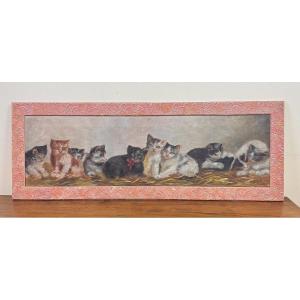 French School Early 20th Century: Large Oil On Canvas Fresco / The Kittens