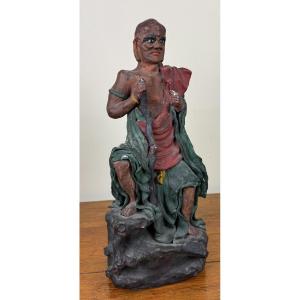 Asie XIXeme : Sculpture En Terre Cuite Polychrome