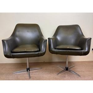 According To Overman: Pairs Of Mid-century Swedish Leather Swivel Armchairs