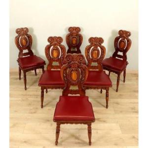Series Of Six Fully Carved Renaissance Style Chairs 