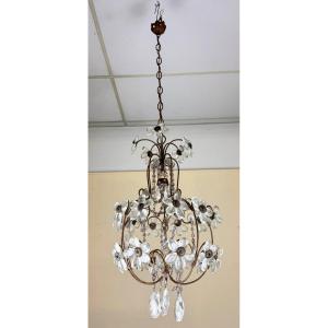 Chandelier With Flower Decor In Murano Glass And Golden Brass From The 1960s