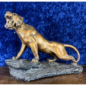 After Cartier: Statue “roaring Lion” Patinated Plaster Bronze 