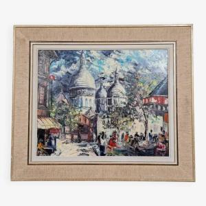 Henri Moreillon XXe / place du Tertre, Montmartre Paris : Tableau huile sur toile   