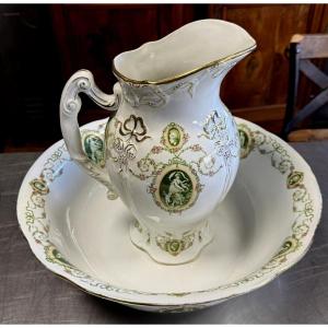 Saint Amand: Magnificent Large Basin And Its St. Louis XVI Porcelain Jug