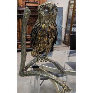 Isabelle Faure: Large Owl Lamp In Gold Metal