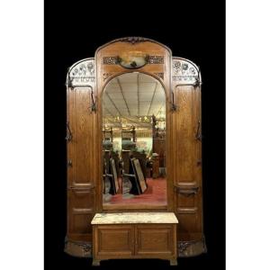 Delhomme : porte manteaux estampillé ép. Art Nouveau en chene et pate de verre
