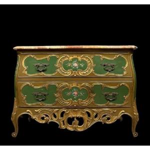 Commode sauteuse Vénitienne galbée style louis XV en bois doré et bois laqué