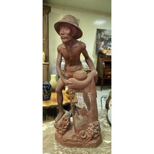 Asia Circa 1900 / Large Wooden Sculpture Depicting A Fisherman