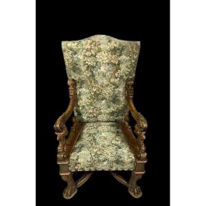 After Andréa Brustolon: Renaissance Armchair With High Back In Carved Walnut