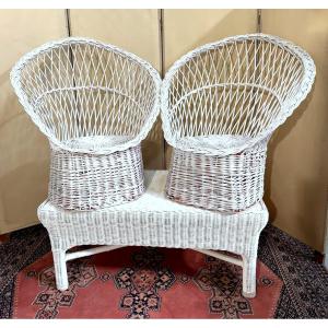 salon vintage 3 piéces en rotin laqué blanc