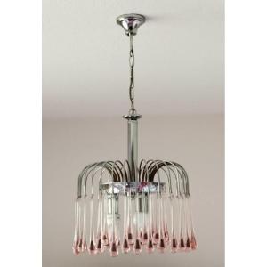 Paolo Venini: Cascading Chandelier With Pink Murano Glass Drops