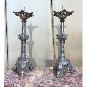 Large Pair Of Silver-plated Bronze Candlesticks, 19th Century