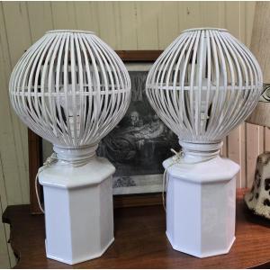 Pair Of Very Large Modernist Lamps In Ceramic And Painted Wood