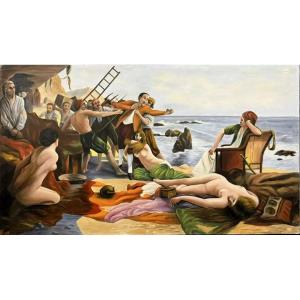 Les naufrageurs d'après Boutigny (1931) : grande huile sur toile animée de personnages  
